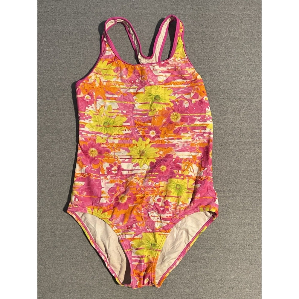 Speedo One Piece Swimsuit Size 14 Pink Orange Floral Athletic Swim Bathing Suit
